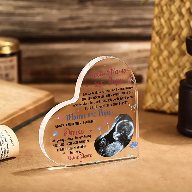 Décoration acrylique personnalisée avec 1 nom, texte et photo Bonjour papa et maman Décoration de bureau pour les nouveaux parents