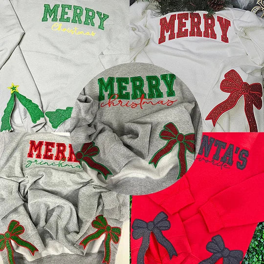 Sweat-shirt personnalisé vert/rouge avec nœud Joyeux Noël
