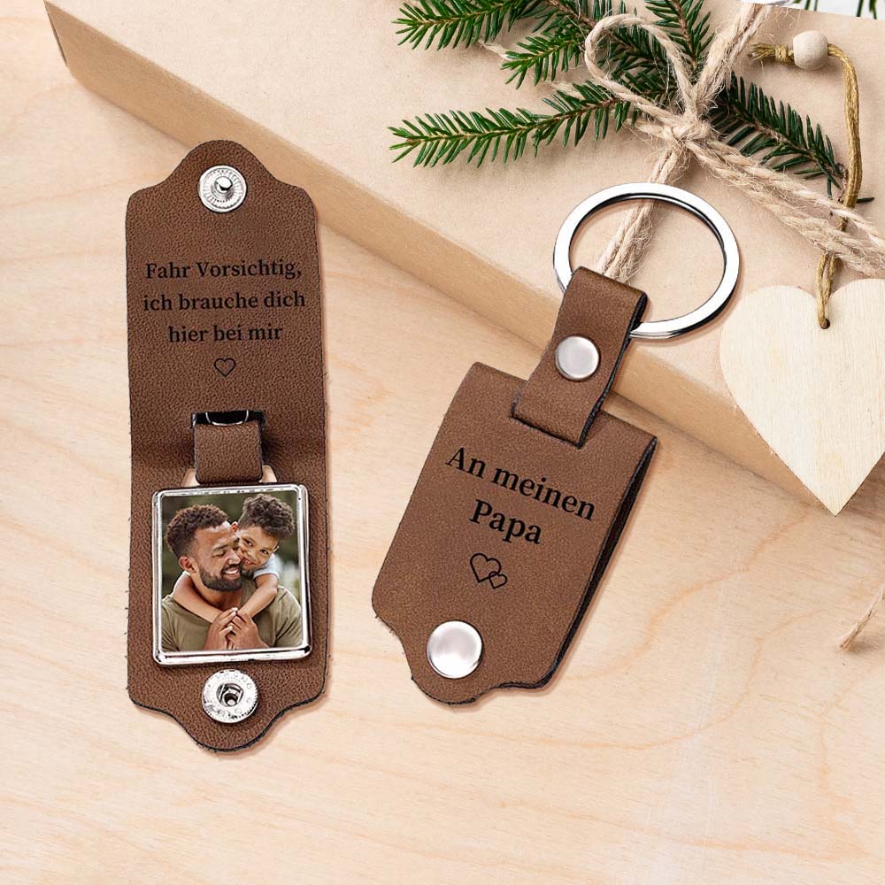 Porte-clés en cuir personnalisé avec photo et texte – Conduisez prudemment, j'ai besoin de vous ici avec moi – Cadeau pour le Père Noël