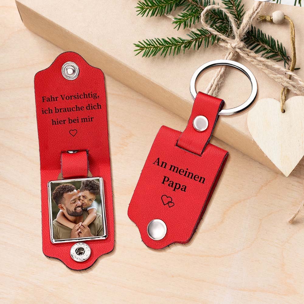 Porte-clés en cuir personnalisé avec photo et texte – Conduisez prudemment, j'ai besoin de vous ici avec moi – Cadeau pour le Père Noël