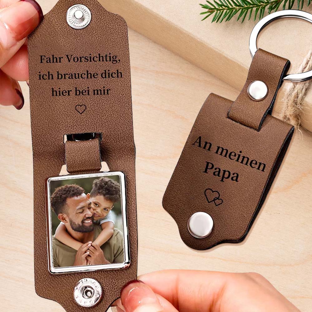 Porte-clés en cuir personnalisé avec photo et texte – Conduisez prudemment, j'ai besoin de vous ici avec moi – Cadeau pour le Père Noël