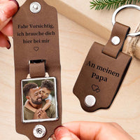 Porte-clés en cuir personnalisé avec photo et texte – Conduisez prudemment, j'ai besoin de vous ici avec moi – Cadeau pour le Père Noël