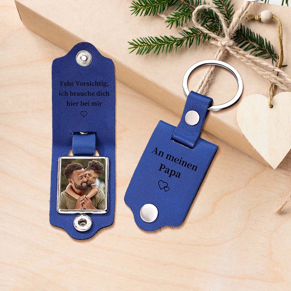Porte-clés en cuir personnalisé avec photo et texte – Conduisez prudemment, j'ai besoin de vous ici avec moi – Cadeau pour le Père Noël