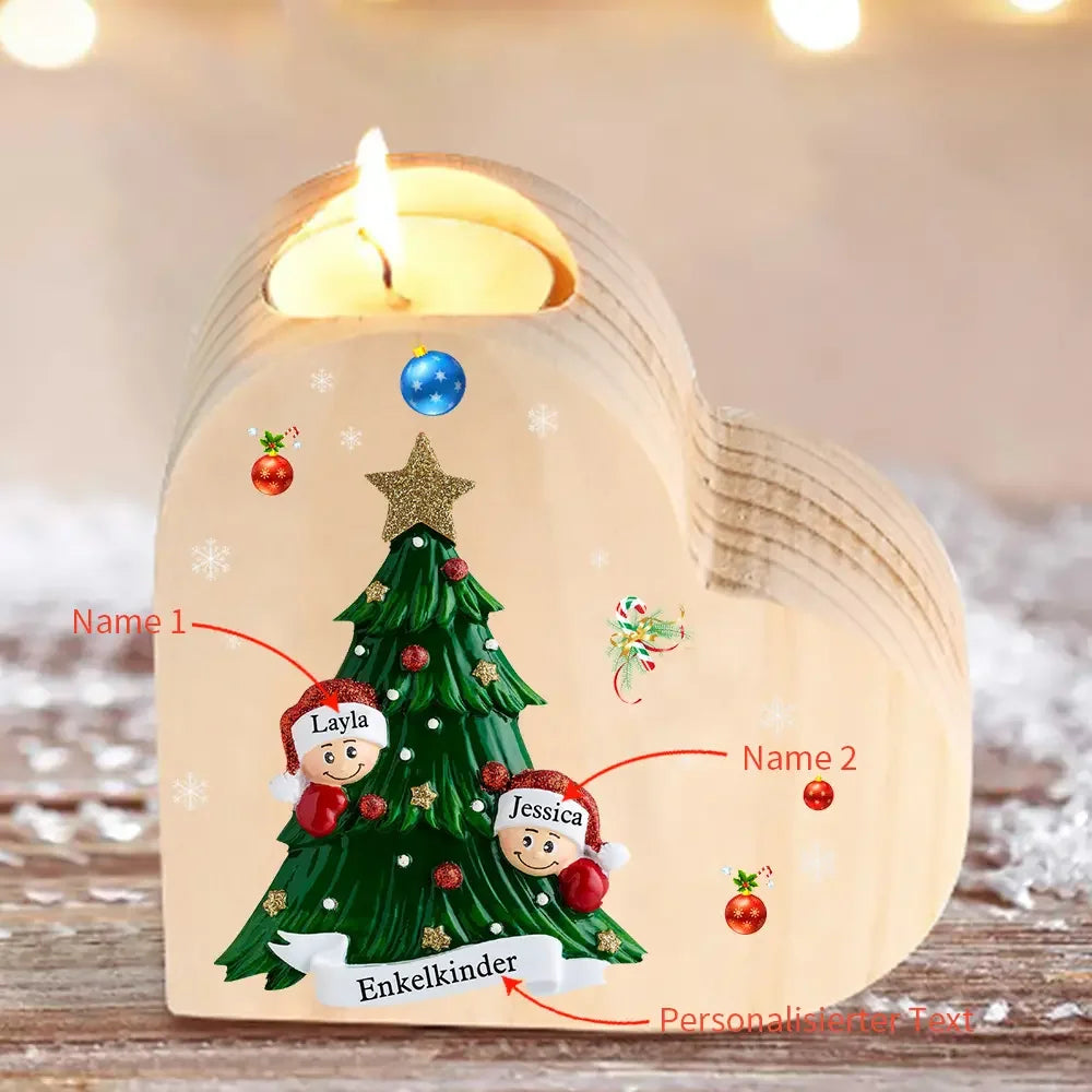 Hartvormige kaarsenhouder gepersonaliseerd met 2-8 namen en tekst voor de kerstboom
