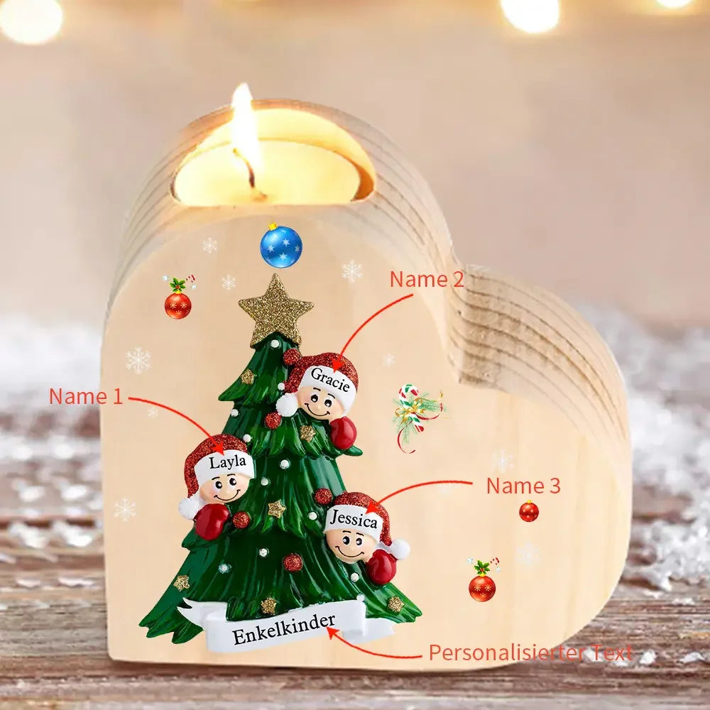 Hartvormige kaarsenhouder gepersonaliseerd met 2-8 namen en tekst voor de kerstboom