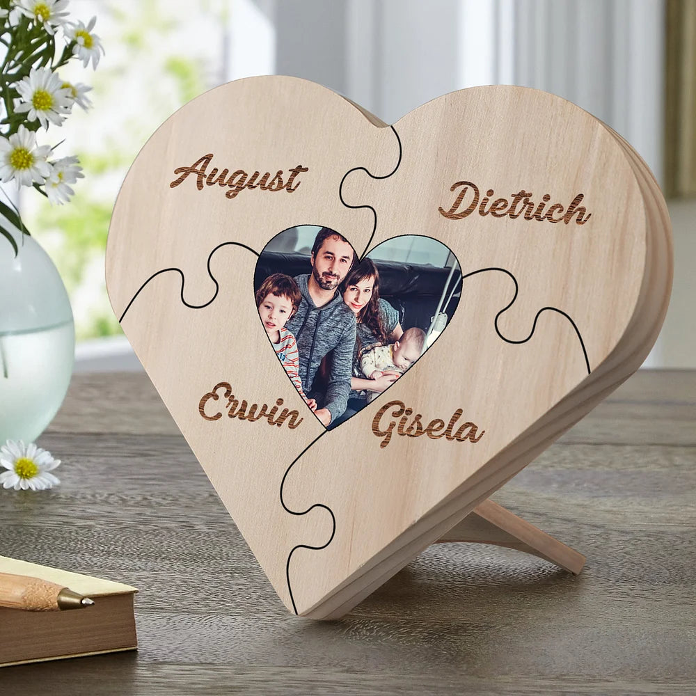 Familie Hart Houten Decoratie - Gepersonaliseerde Foto & 3-9 Naam Puzzel Bureaudecoratie Houten Ornament