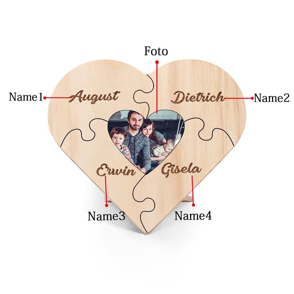 Familie Hart Houten Decoratie - Gepersonaliseerde Foto & 3-9 Naam Puzzel Bureaudecoratie Houten Ornament