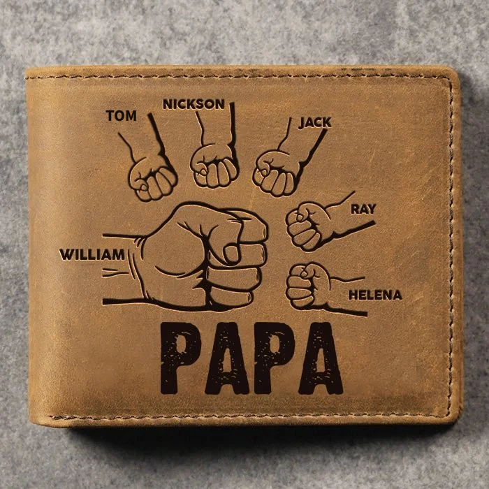 Gepersonaliseerde leren portemonnee voor mannen met 2-6 namen, cadeau voor vader en kinderen