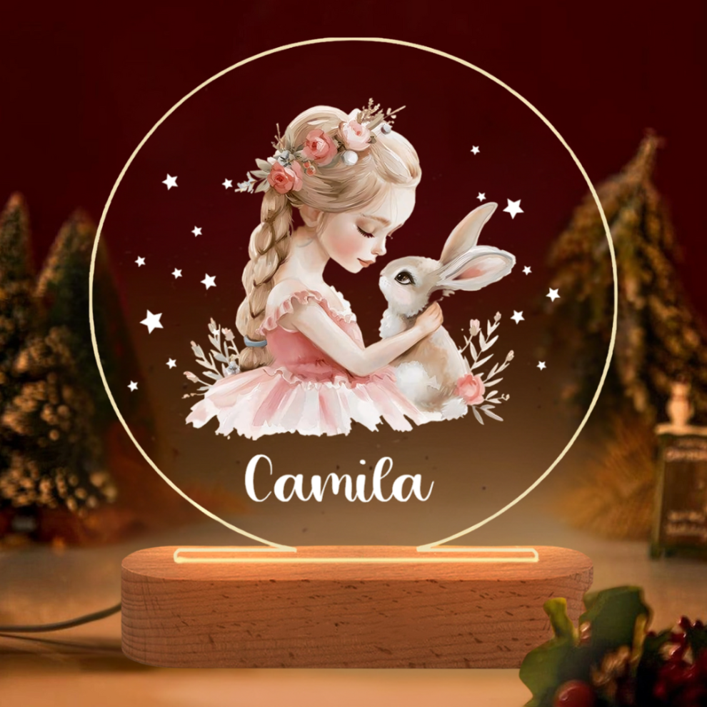 Veilleuse acrylique personnalisée avec prénom pour fille et lapin – Décoration unique pour enfants