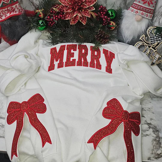 Gepersonaliseerde kersttrui met geborduurde strik, trui met strik aan de zijkant en applicatie, glitterkersttrui