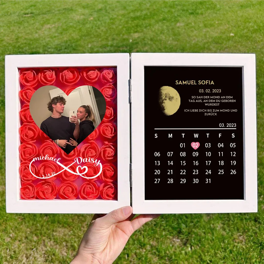 (Oneindigheidssymbool met naam) Aangepast bloemenframe met ECHTE MAANSTAND jubileumkalender🌺