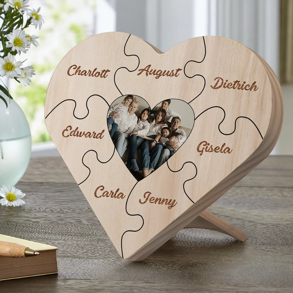 Familie Hart Houten Decoratie - Gepersonaliseerde Foto & 3-9 Naam Puzzel Bureaudecoratie Houten Ornament