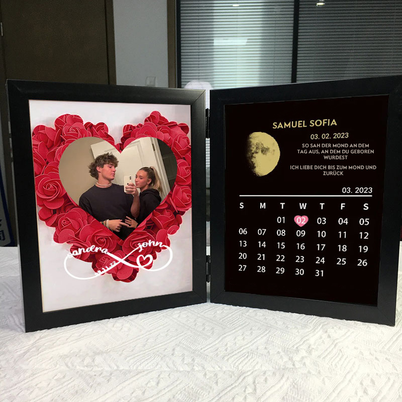 (Oneindigheidsbord met naam) Aangepast bloemenframe met ECHTE MAANSTAND Jubileumkalender