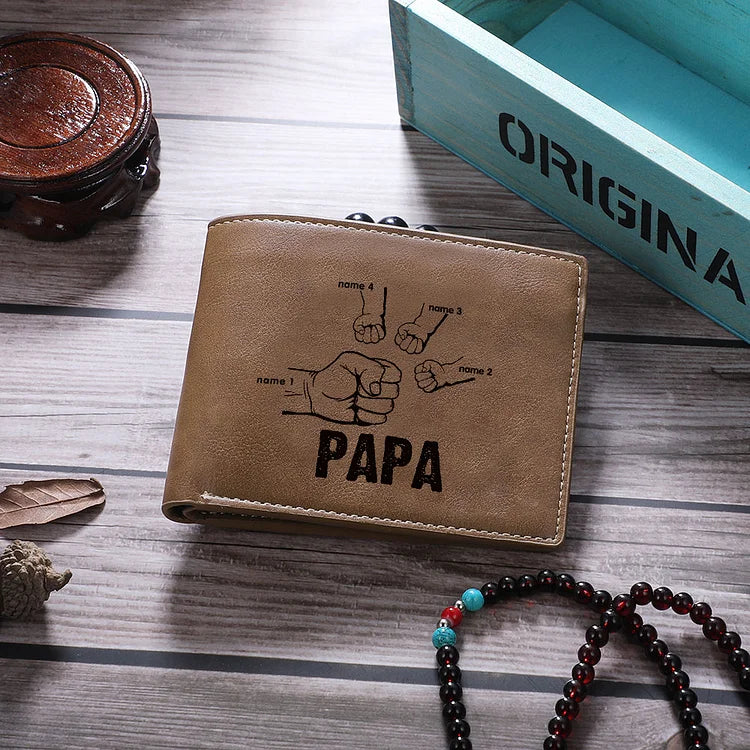 Gepersonaliseerde leren portemonnee voor mannen met 2-6 namen, cadeau voor vader en kinderen
