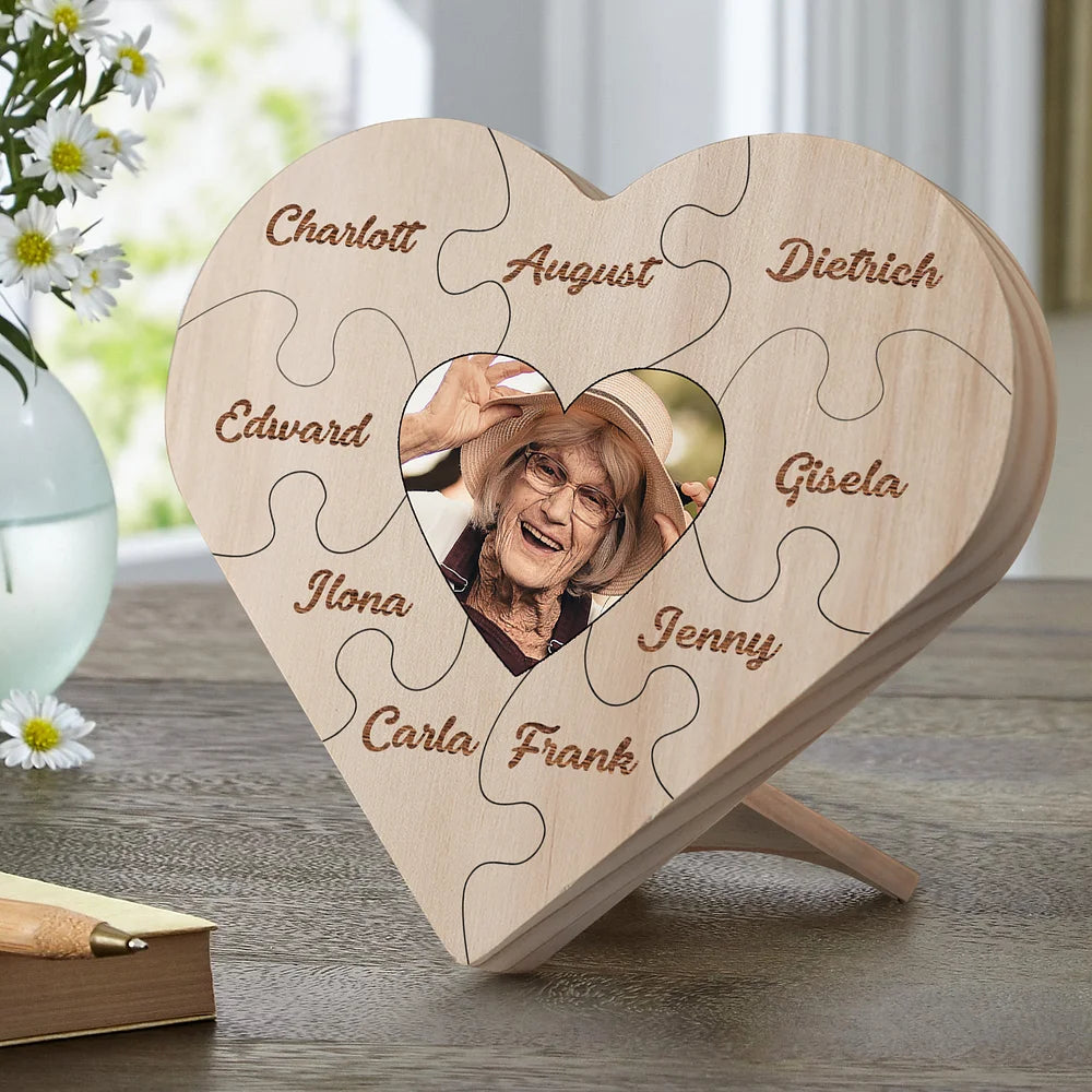 Familie Hart Houten Decoratie - Gepersonaliseerde Foto & 3-9 Naam Puzzel Bureaudecoratie Houten Ornament