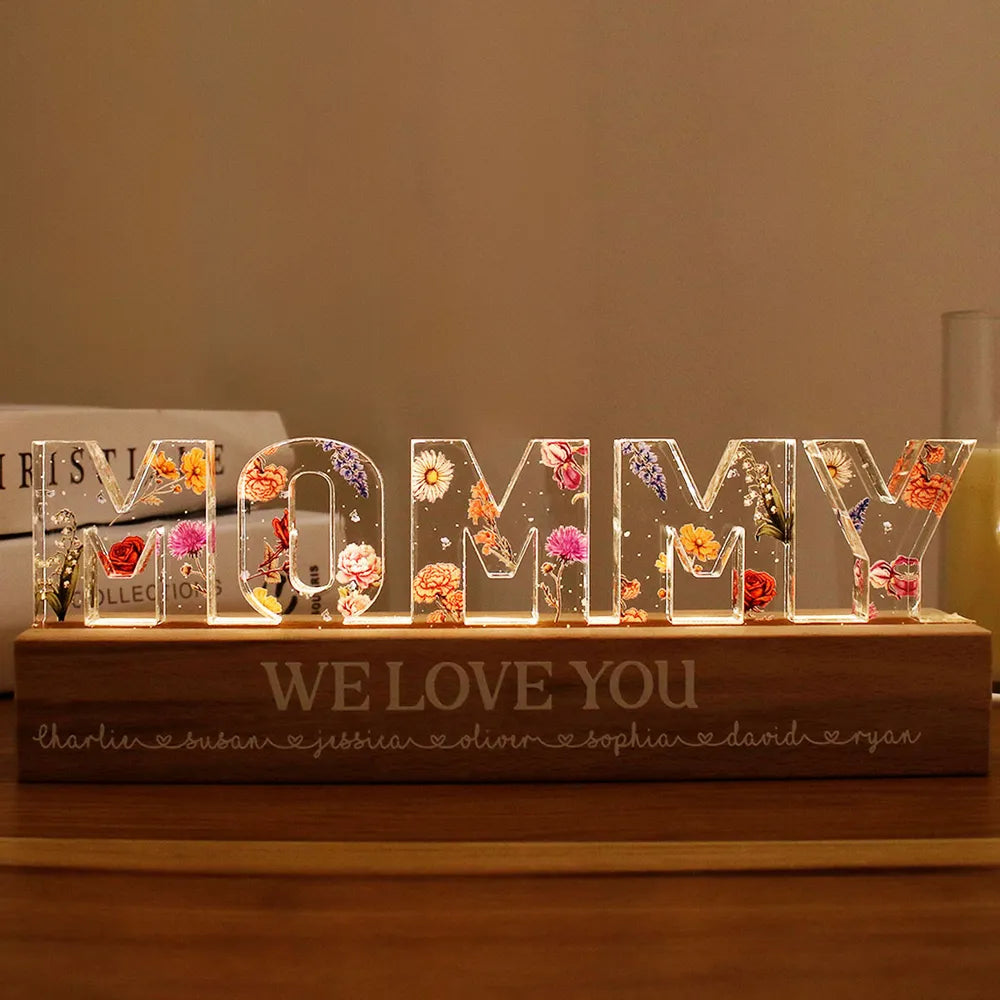 Gepersonaliseerde LED-nachtlamp met bloemenprint, bloem in geboortemaand, cadeau voor moeder, cadeau voor oma