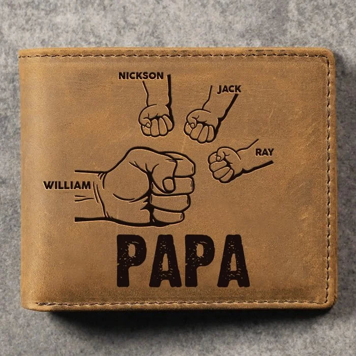 Gepersonaliseerde leren portemonnee voor mannen met 2-6 namen, cadeau voor vader en kinderen