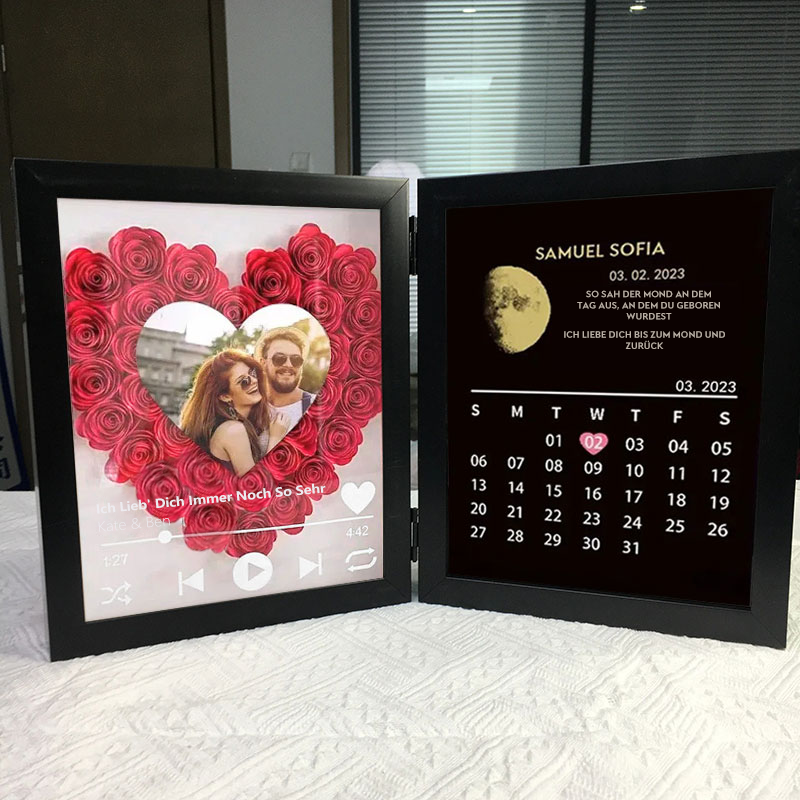 (Hart met lied) Aangepast bloemenframe met ECHTE MAANSTAND Jubileumkalender