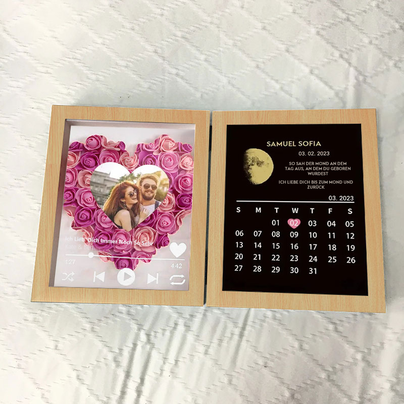 (Hart met lied) Aangepast bloemenframe met ECHTE MAANSTAND Jubileumkalender
