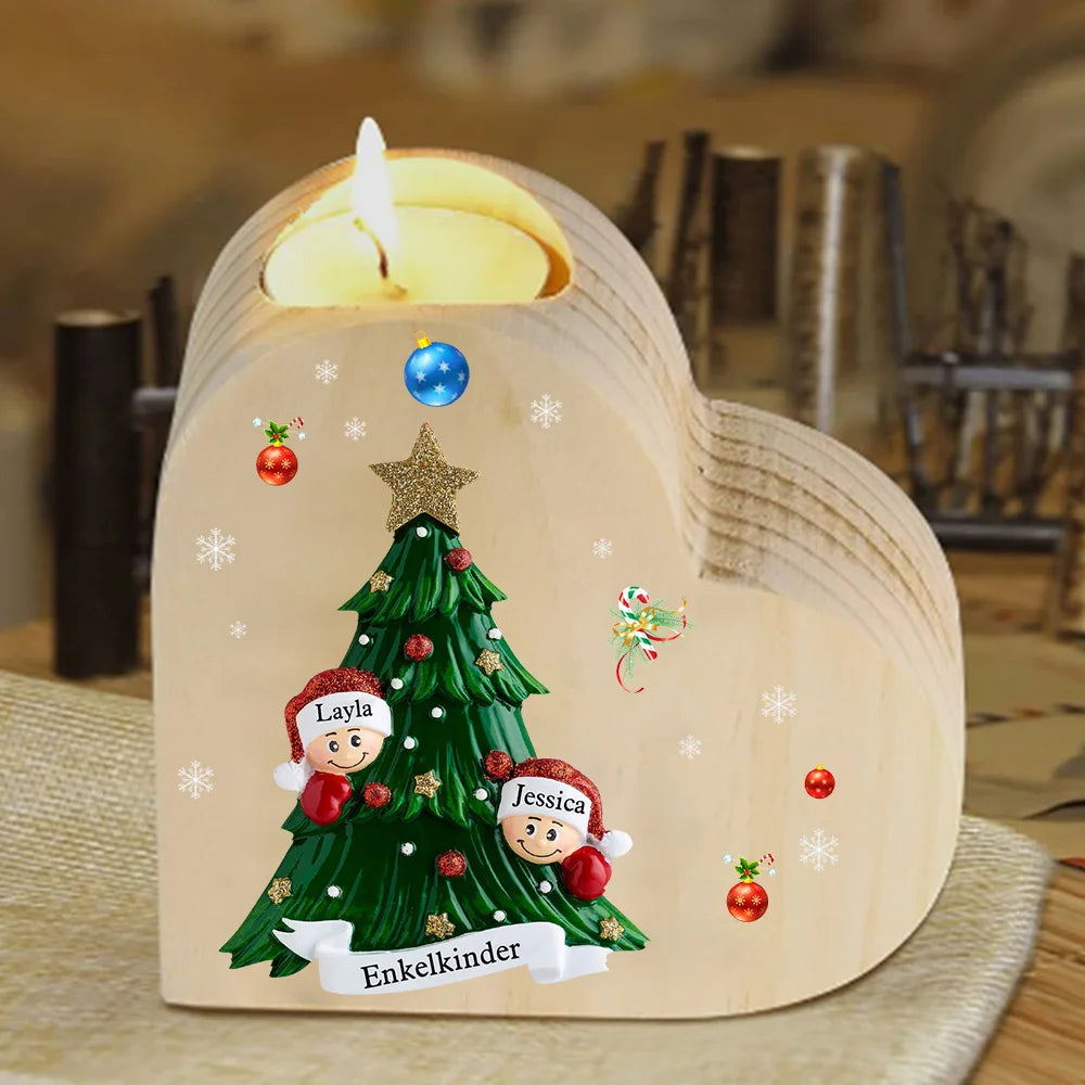 Hartvormige kaarsenhouder gepersonaliseerd met 2-8 namen en tekst voor de kerstboom