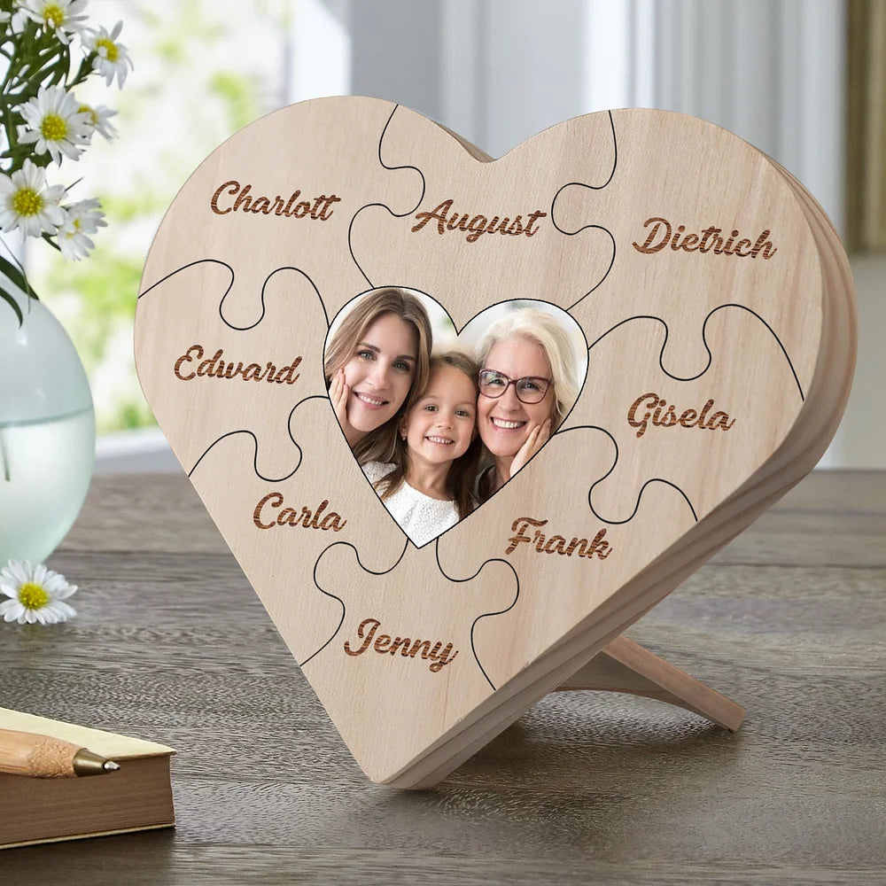 Familie Hart Houten Decoratie - Gepersonaliseerde Foto & 3-9 Naam Puzzel Bureaudecoratie Houten Ornament