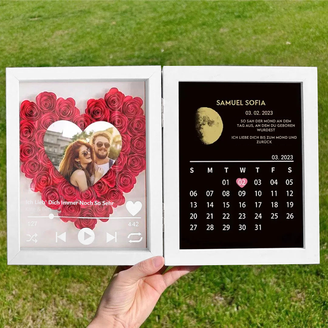 (Hart met lied) Aangepast bloemenframe met ECHTE MAANSTAND Jubileumkalender