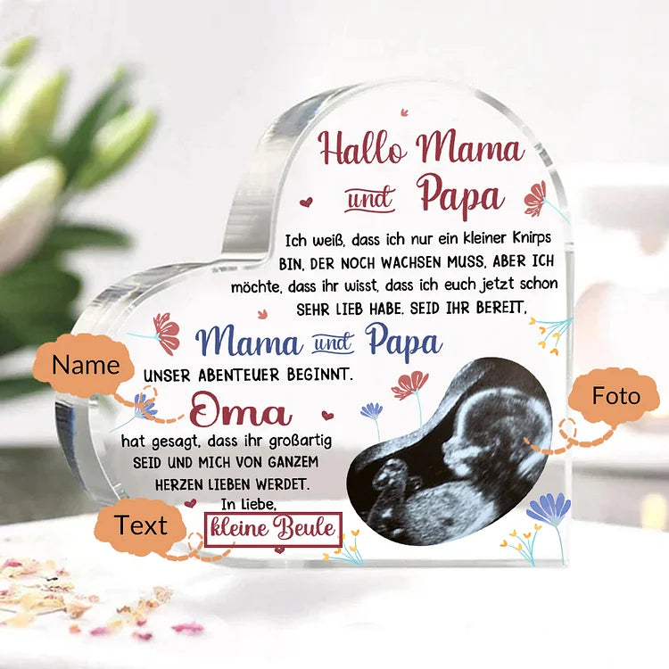 Décoration acrylique personnalisée avec 1 nom, texte et photo Bonjour papa et maman Décoration de bureau pour les nouveaux parents