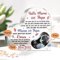 Décoration acrylique personnalisée avec 1 nom, texte et photo Bonjour papa et maman Décoration de bureau pour les nouveaux parents