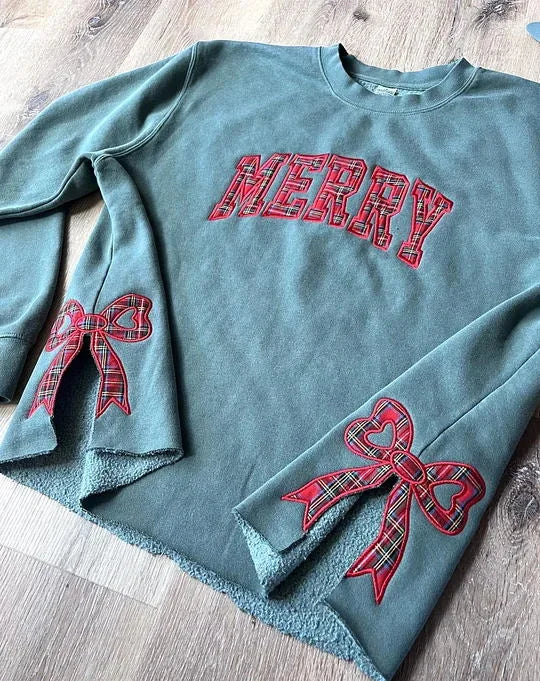 Vrolijke sweater met strik aan de zijkant en uitsparing, geruite kersttrui, trendy speelse strik