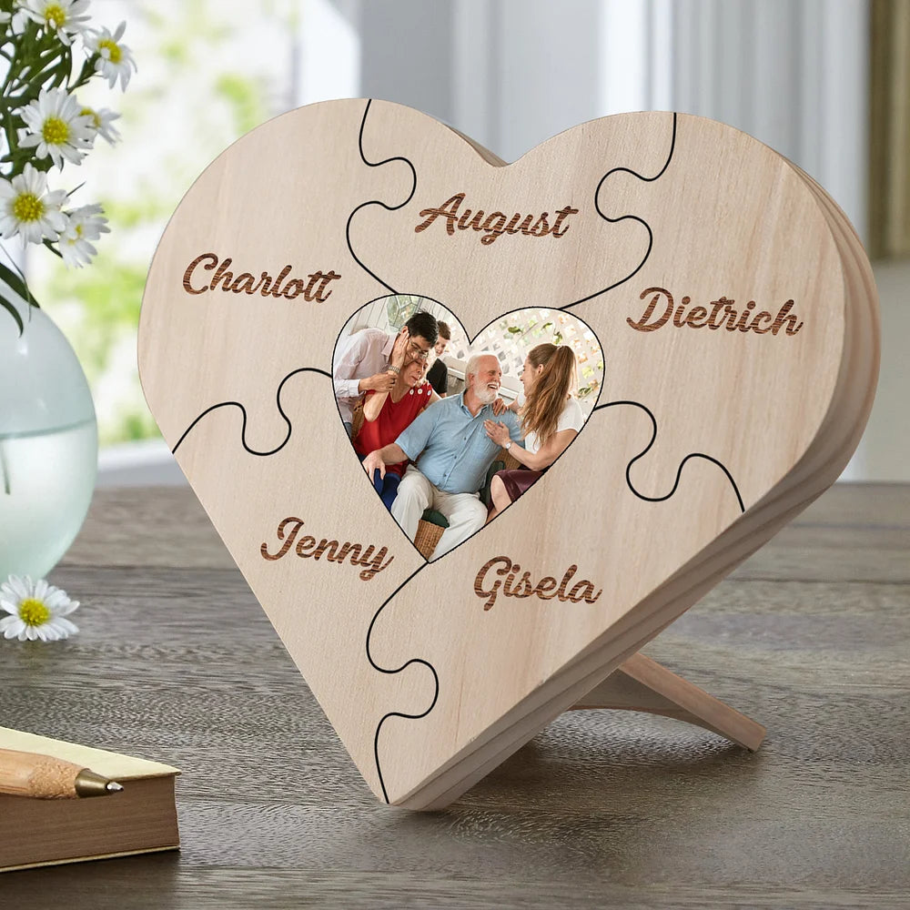 Familie Hart Houten Decoratie - Gepersonaliseerde Foto & 3-9 Naam Puzzel Bureaudecoratie Houten Ornament