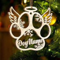 Aangepaste houten kerstversiering met naam, hondenpoothanger met vleugels
