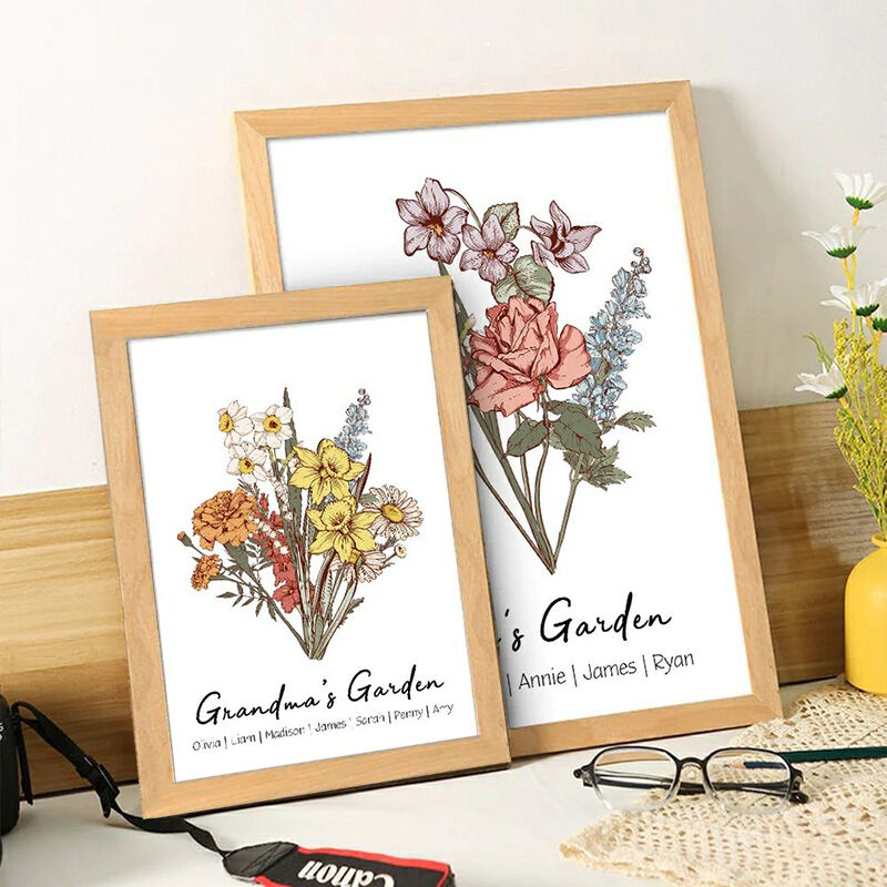 Gepersonaliseerd geboortebloem familieboeket met namen