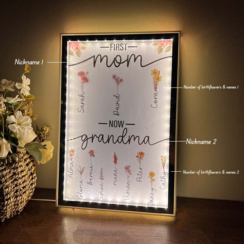 Lampe miroir personnalisée avec nom et fleur de naissance, beau cadeau pour maman