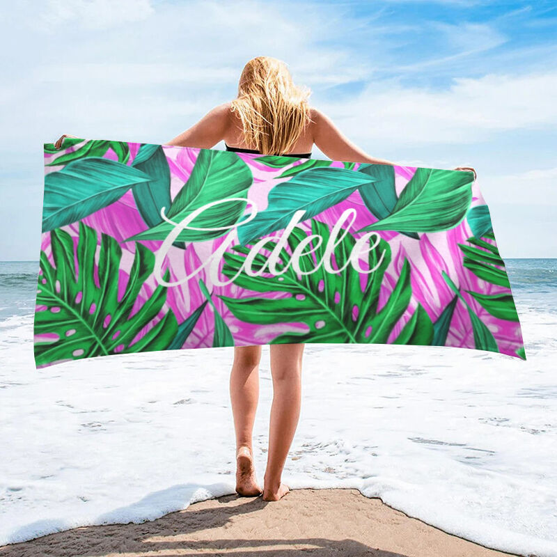 Gepersonaliseerde badhanddoek strandlaken met naam en groene bladeren Leuk cadeau voor een vriend