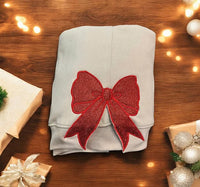Gepersonaliseerde kersttrui met geborduurde strik, trui met strik aan de zijkant en applicatie, glitterkersttrui