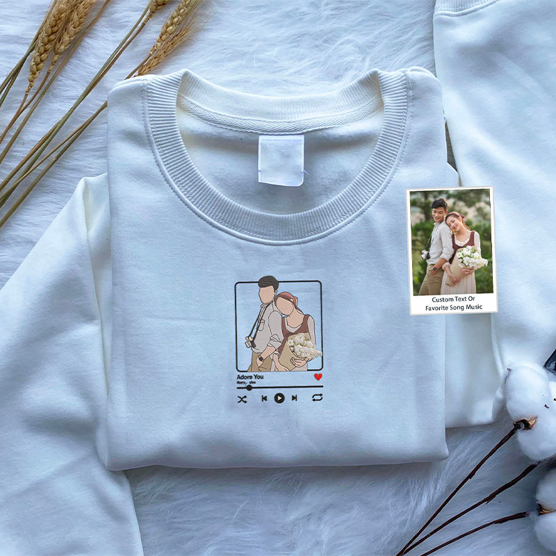 Cadeaux de Noël Sweat-shirt brodé personnalisé Portrait Lecteur de musique Couple Cadeau de famille