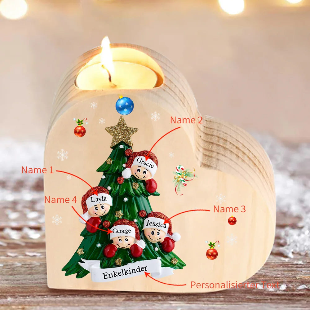 Hartvormige kaarsenhouder gepersonaliseerd met 2-8 namen en tekst voor de kerstboom