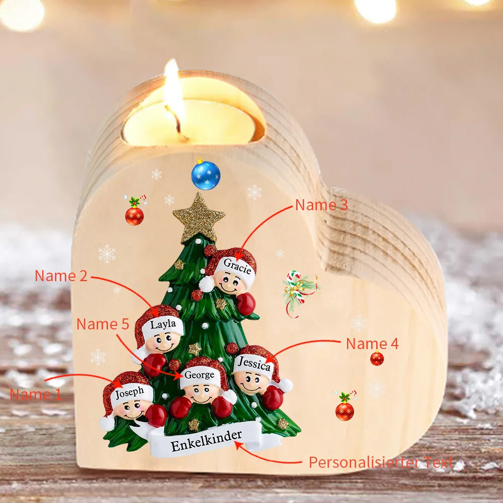 Hartvormige kaarsenhouder gepersonaliseerd met 2-8 namen en tekst voor de kerstboom