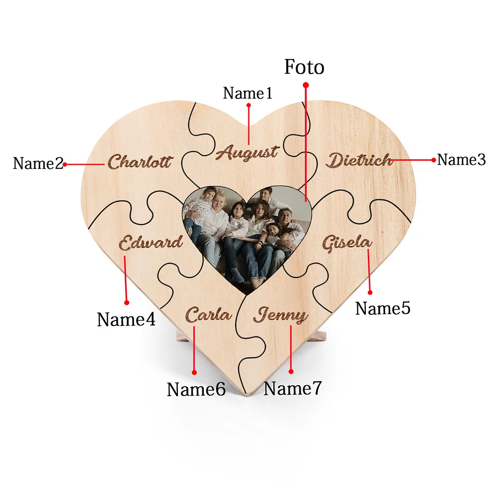 Familie Hart Houten Decoratie - Gepersonaliseerde Foto & 3-9 Naam Puzzel Bureaudecoratie Houten Ornament