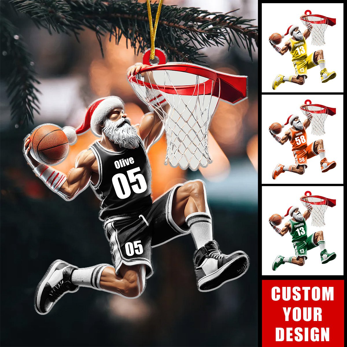 Décoration de Noël personnalisée en acrylique représentant un joueur de basket-ball du Père Noël, cadeau pour les amateurs de basket-ball