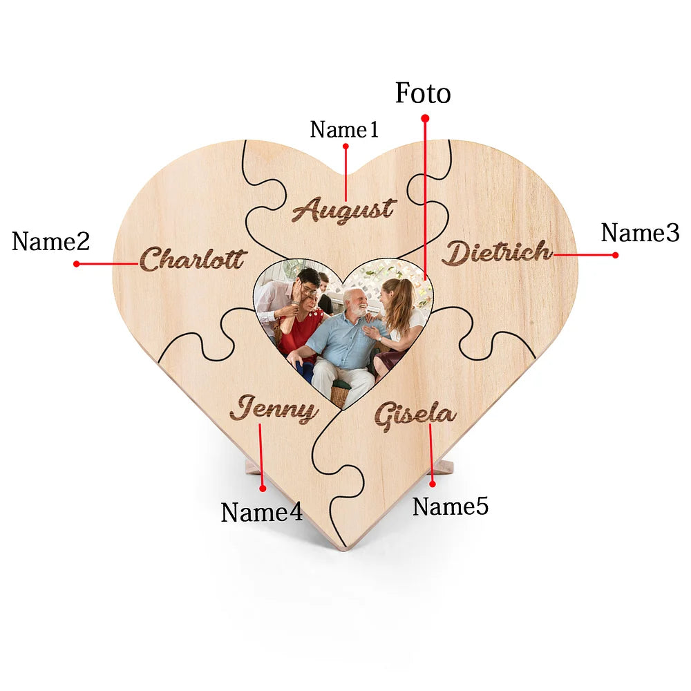 Familie Hart Houten Decoratie - Gepersonaliseerde Foto & 3-9 Naam Puzzel Bureaudecoratie Houten Ornament