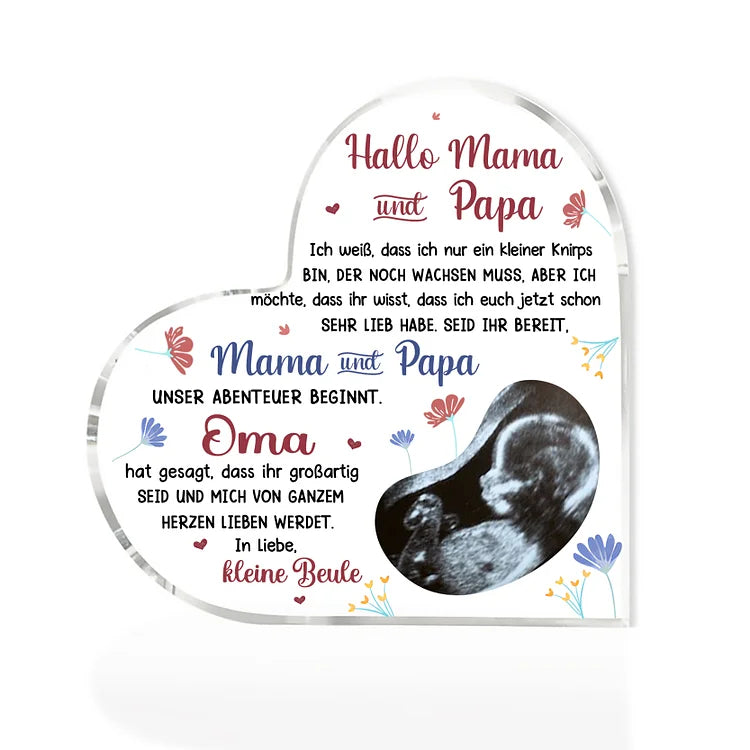 Décoration acrylique personnalisée avec 1 nom, texte et photo Bonjour papa et maman Décoration de bureau pour les nouveaux parents
