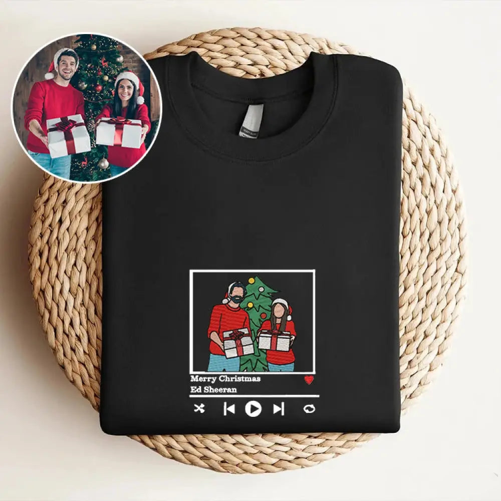 Cadeaux de Noël Sweat-shirt brodé personnalisé Portrait Lecteur de musique Couple Cadeau de famille
