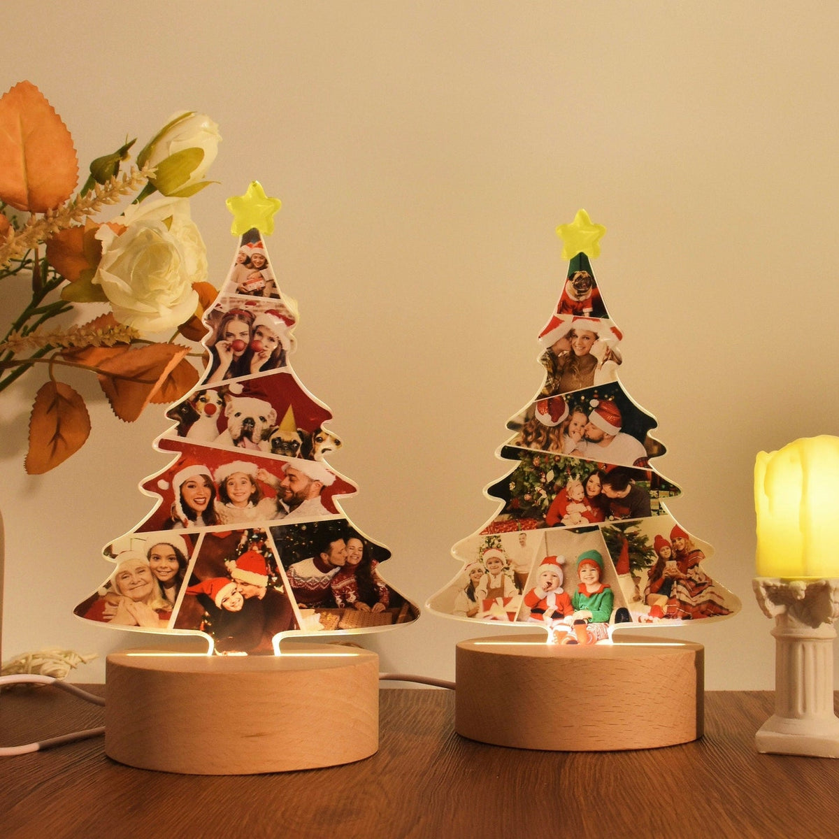 Lampe photo collage personnalisée en forme de sapin de Noël avec photos