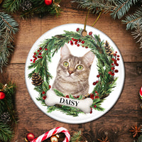 Gepersonaliseerde foto met lieflijk huisdiergezichtje - Kerstcadeau voor dierenliefhebbers, huisdierherdenking - Gepersonaliseerd rond keramisch ornament