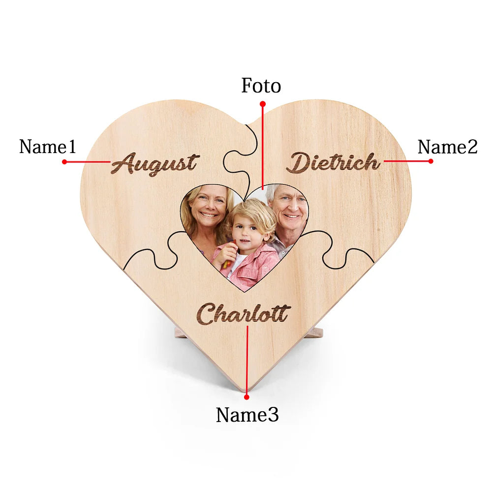 Familie Hart Houten Decoratie - Gepersonaliseerde Foto & 3-9 Naam Puzzel Bureaudecoratie Houten Ornament