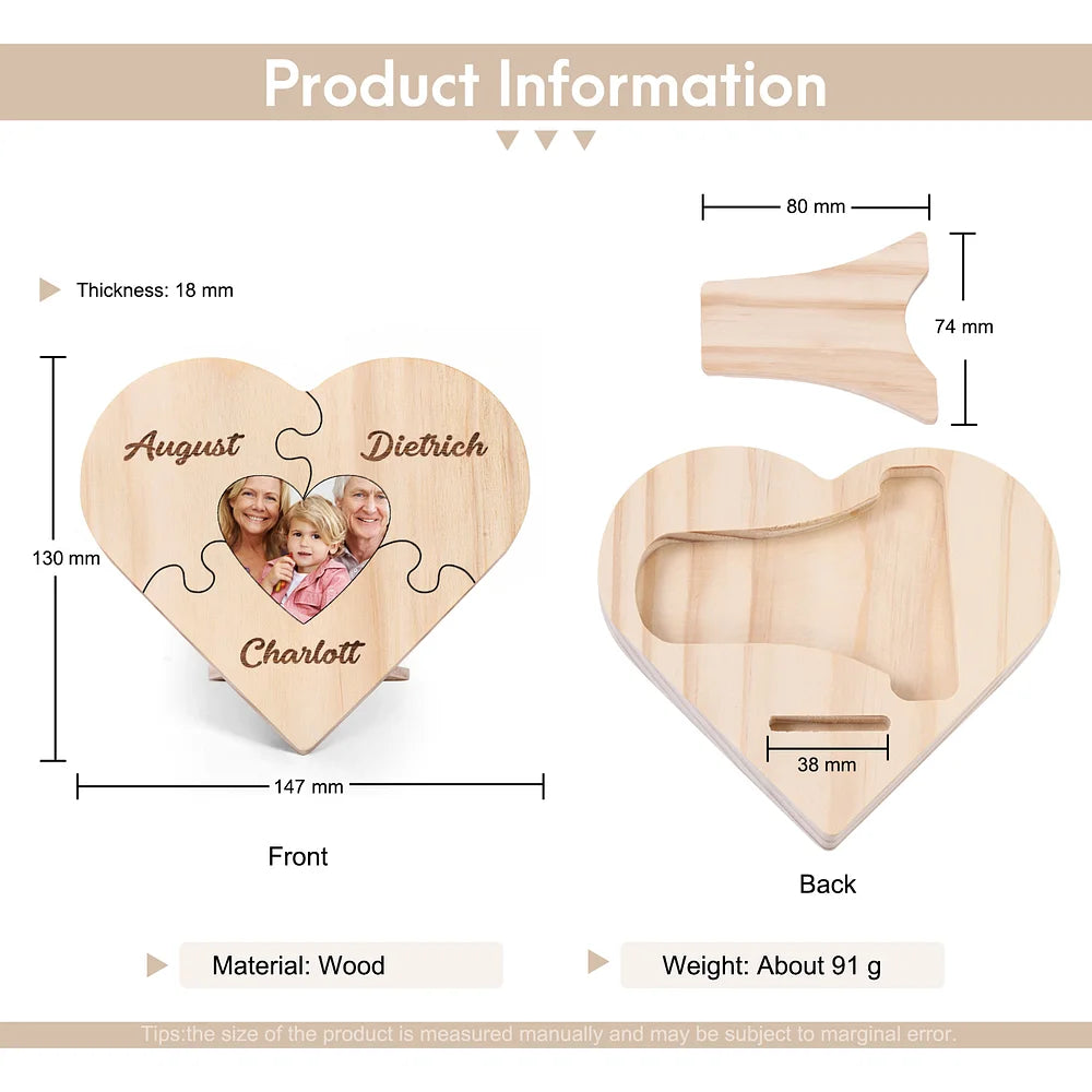 Familie Hart Houten Decoratie - Gepersonaliseerde Foto & 3-9 Naam Puzzel Bureaudecoratie Houten Ornament