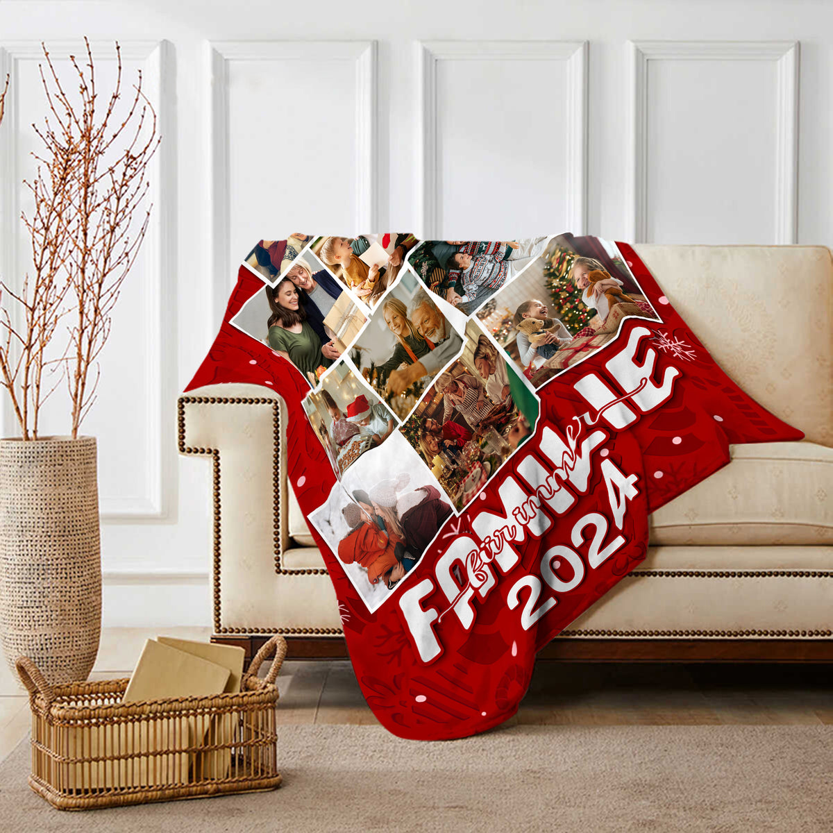 Gepersonaliseerde flanellen deken met 9 foto's en een jaarthema – Family Forever – Gezellige kerstdeken voor het hele gezin