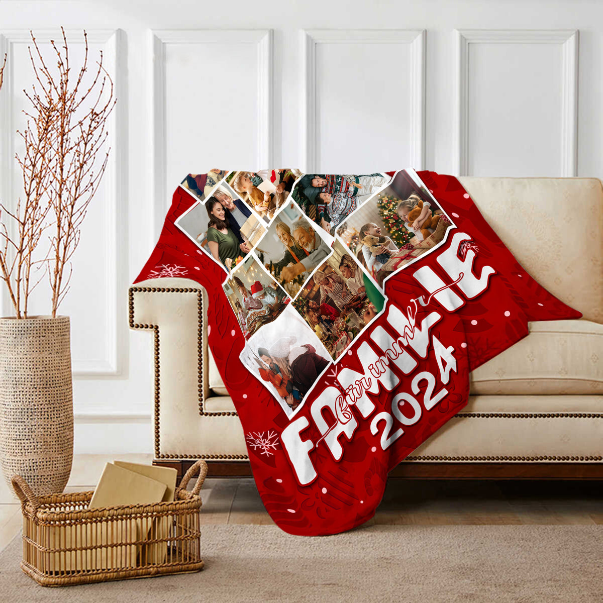 Gepersonaliseerde flanellen deken met 9 foto's en een jaarthema – Family Forever – Gezellige kerstdeken voor het hele gezin