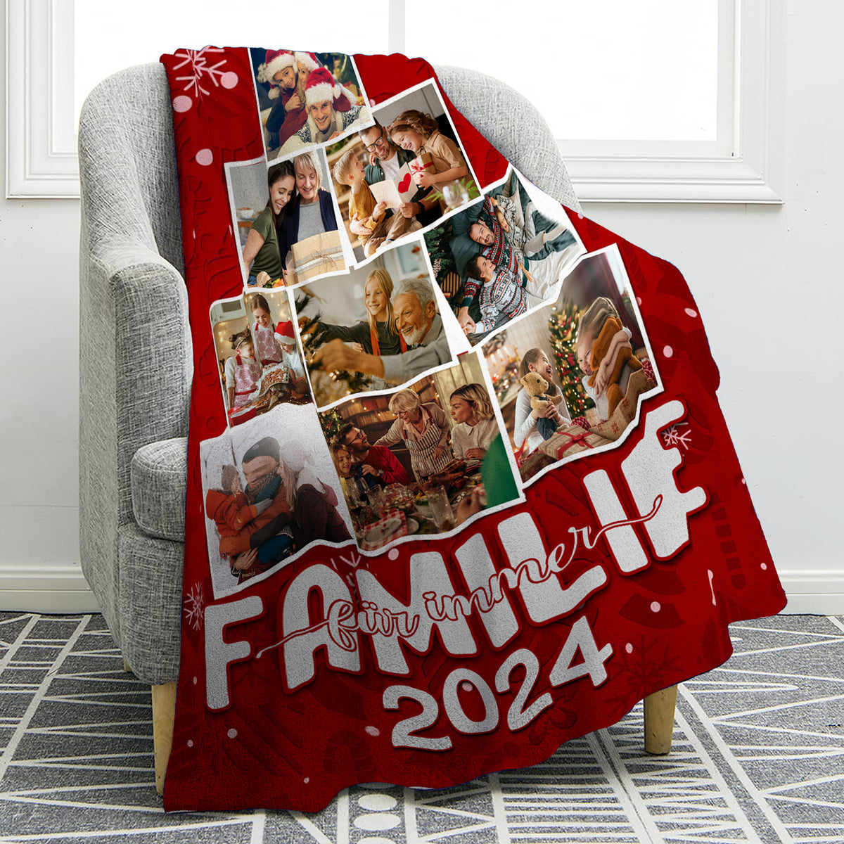 Gepersonaliseerde flanellen deken met 9 foto's en een jaarthema – Family Forever – Gezellige kerstdeken voor het hele gezin